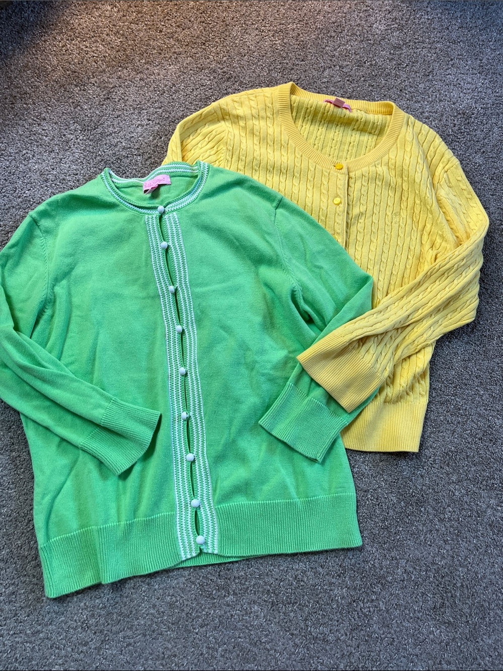 Lot: 2 Lilly Pulitzer Cardigans 💯% Cotton Novelty Buttons Piping Cable Knit szS